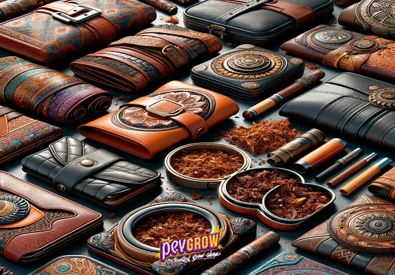 Selección de tabaqueras y carteras de distintos diseños y colores, junto a recipientes con tabaco suelto y varios puros.
