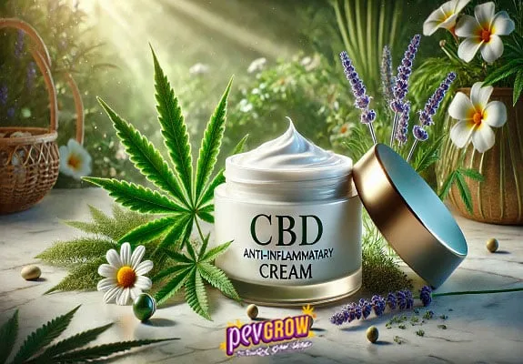 Tarro abierto con crema blanca y etiqueta «CBD Anti-inflammatory Cream», rodeado de hojas de cannabis, lavanda y flores blancas.