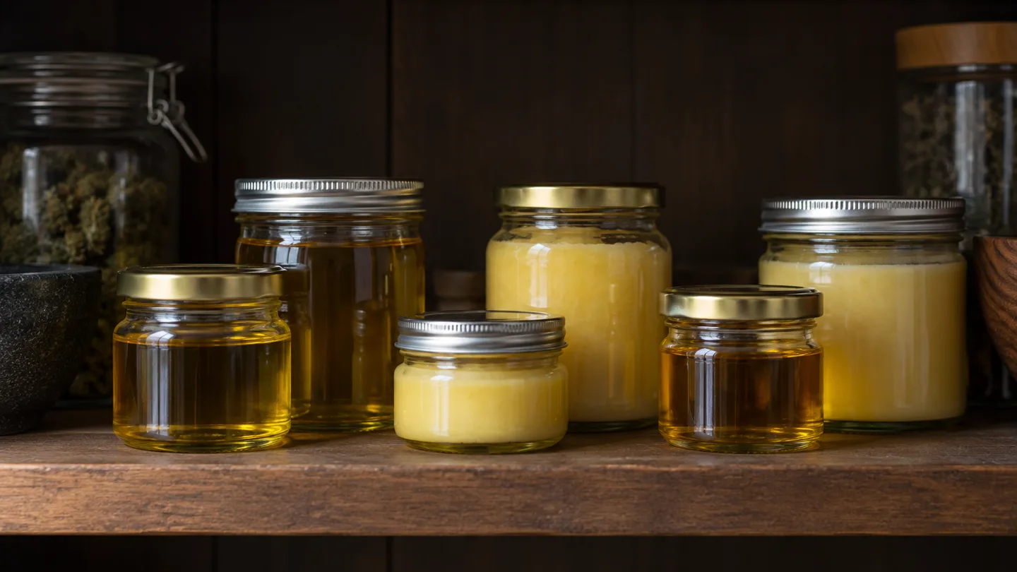 Varios tarros de vidrio cerrados con aceite dorado y mantequilla y etiquetas en blanco, alineados en una balda dentro de una despensa oscura