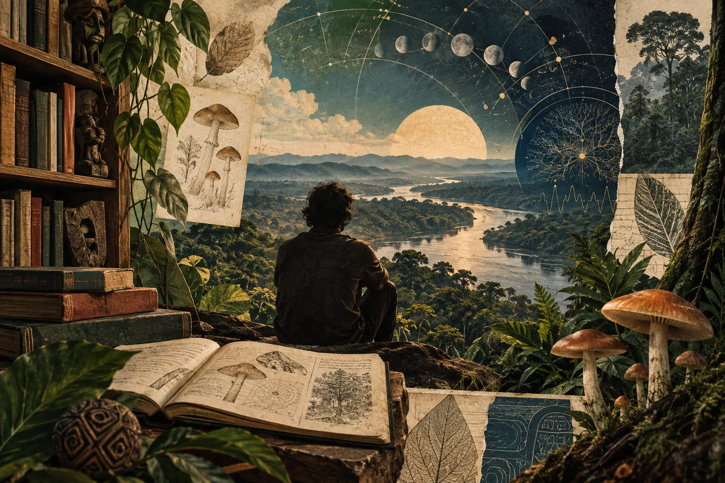 Composición ilustrada con una persona de espaldas ante un río y un bosque, rodeada de libros, setas y diagramas celestes. Composición ilustrada con una persona de espaldas ante un río y un bosque, rodeada de libros, setas y diagramas celestes.
