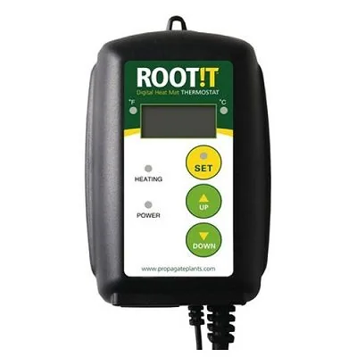 Termostato digital ROOT!T negro, con pantalla rectangular, botones SET, UP y DOWN e indicadores HEATING y POWER, sobre fondo blanco.
