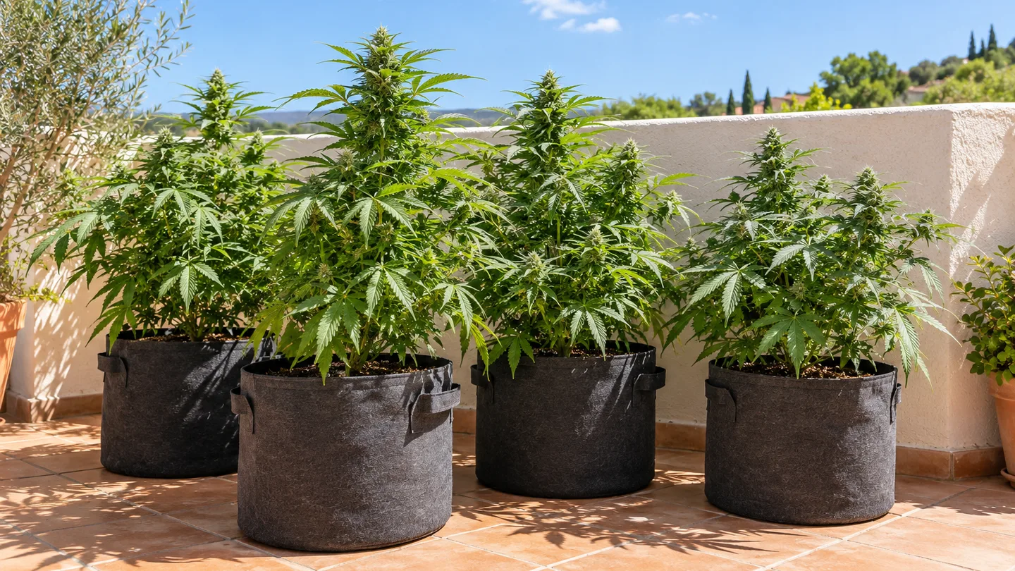 Varias plantas frondosas en macetas grandes de tela alineadas junto a la pared soleada de una terraza orientada al sur, sobre suelo de baldosas Varias plantas frondosas en macetas grandes de tela alineadas junto a la pared soleada de una terraza orientada al sur, sobre suelo de baldosas
