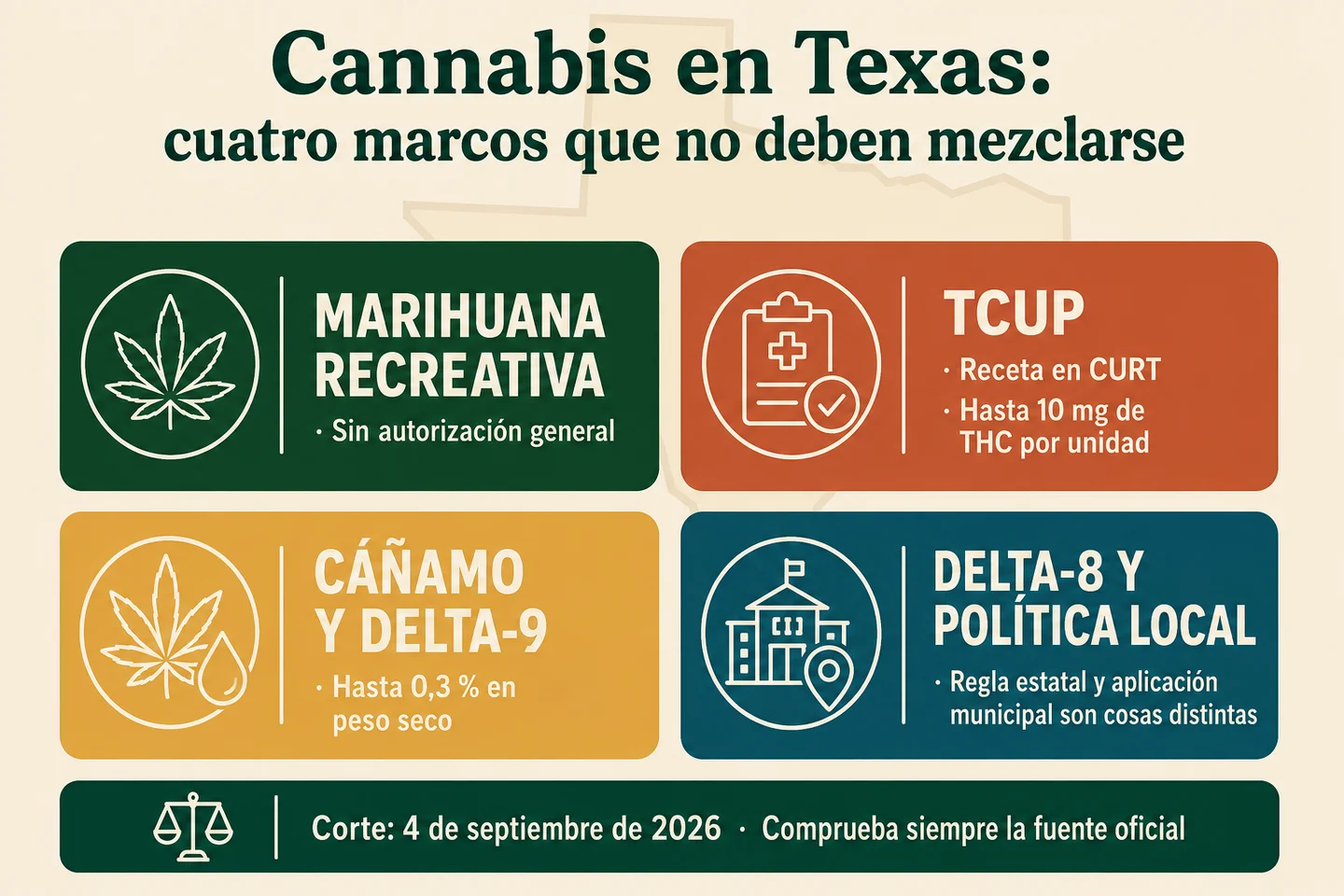 Infografía sobre cannabis en Texas con cuatro apartados: marihuana recreativa, TCUP, cáñamo y delta-9, y delta-8 y política local.