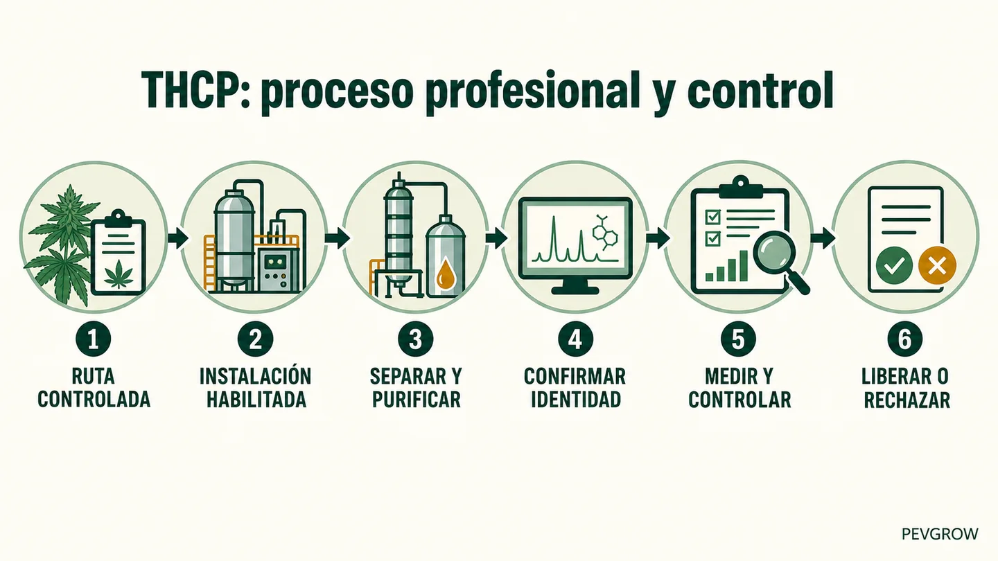 Infografía «THCP: proceso profesional y control» con seis etapas ilustradas, desde una ruta controlada hasta liberar o rechazar.