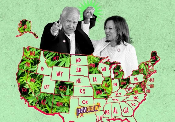 Montaje de dos figuras políticas sobre un mapa de Estados Unidos con abreviaturas estatales y hojas de cannabis en varios estados.