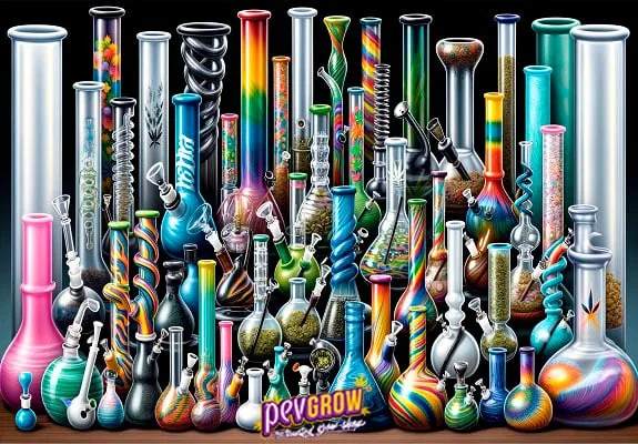 Selección de bongs de distintas formas, alturas y colores, con tubos rectos, espirales y bases redondeadas sobre fondo negro. Selección de bongs de distintas formas, alturas y colores, con tubos rectos, espirales y bases redondeadas sobre fondo negro.