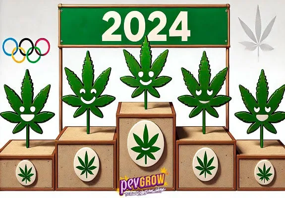 Cinco hojas de cannabis con caras sonrientes sobre un podio, bajo un cartel «2024» y junto a cinco aros de colores. Cinco hojas de cannabis con caras sonrientes sobre un podio, bajo un cartel «2024» y junto a cinco aros de colores.