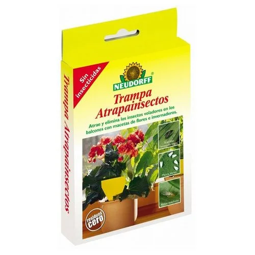 Caja amarilla de la trampa atrапainsectos Neudorff, con el texto «Sin insecticidas» y una fotografía de una trampa amarilla entre plantas.
