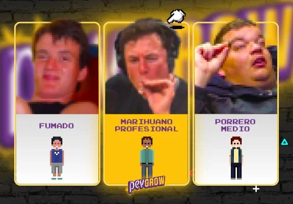 Tres tarjetas con hombres y avatares pixelados, rotuladas «Fumado», «Marihuano profesional» y «Porrero medio».