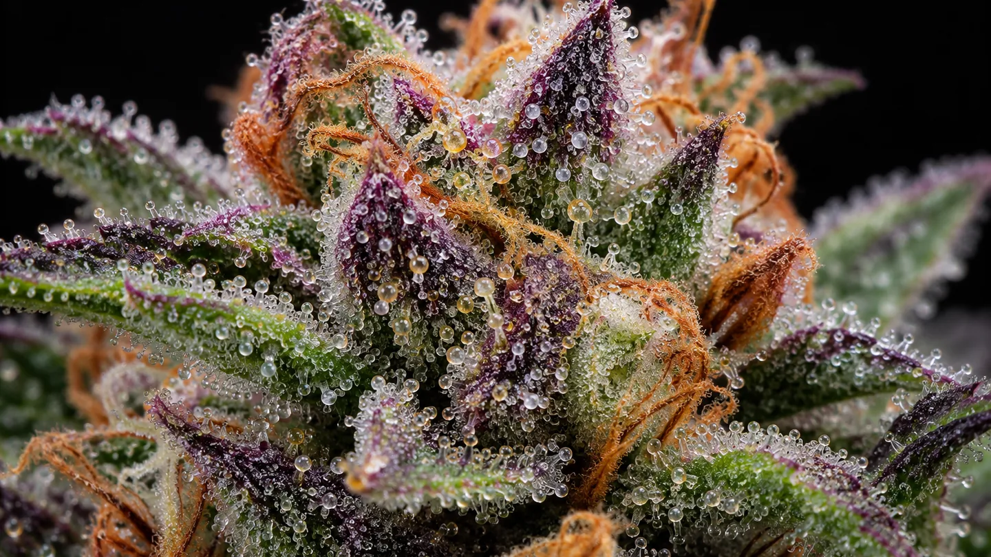 Detalle con aumento de tricomas transparentes sobre las brácteas moradas y verdes de una flor de cannabis