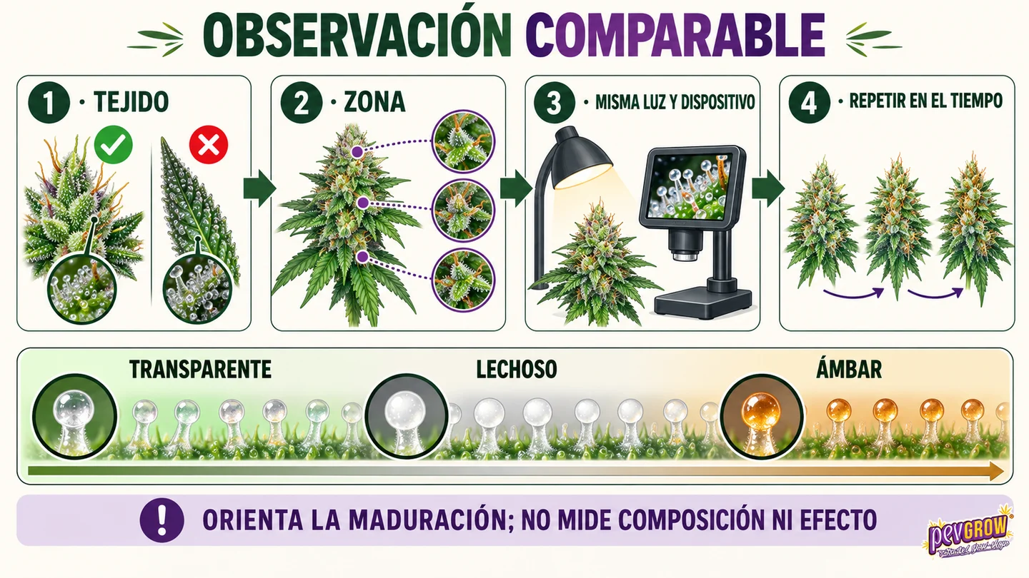 Infografía sobre observación comparable de tricomas: tejido, zona, luz y seguimiento, con una escala de transparente a ámbar.