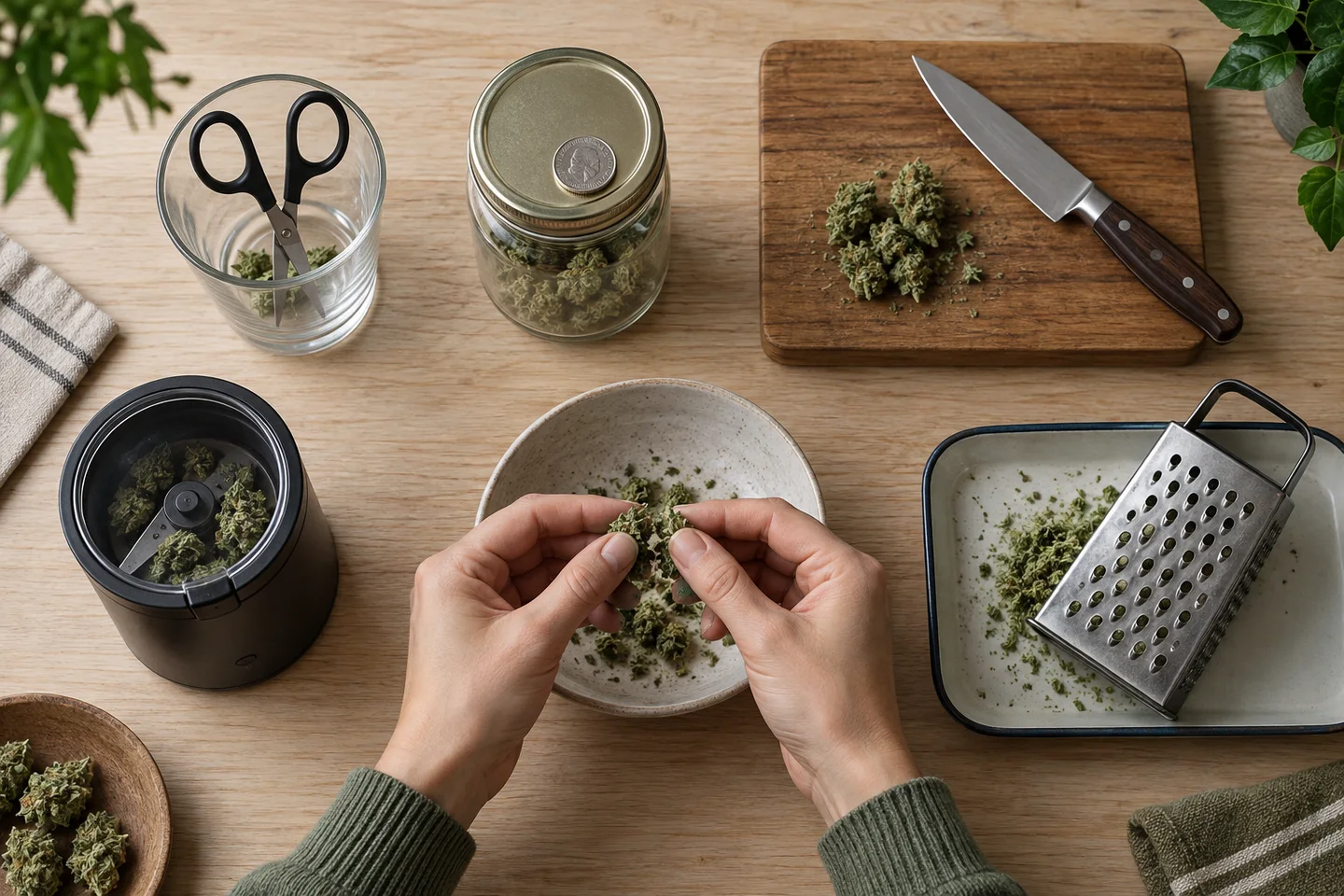 Vista cenital de unas manos desmenuzando cannabis sobre un cuenco, junto a tijeras, un tarro, un cuchillo, un rallador y una picadora.