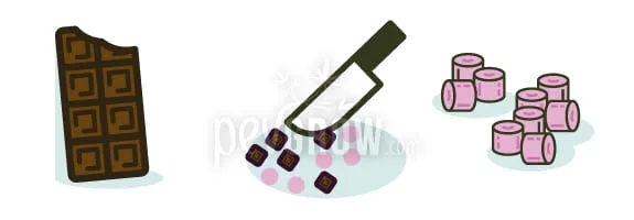 Ilustración de una tableta de chocolate, un cuchillo sobre pequeños trozos de chocolate y varios malvaviscos rosas.