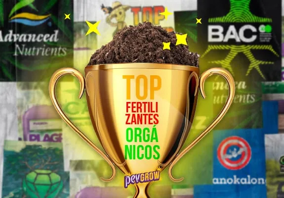Trofeo dorado lleno de sustrato con el texto «Top fertilizantes orgánicos», sobre un fondo de marcas de fertilizantes. Trofeo dorado lleno de sustrato con el texto «Top fertilizantes orgánicos», sobre un fondo de marcas de fertilizantes.