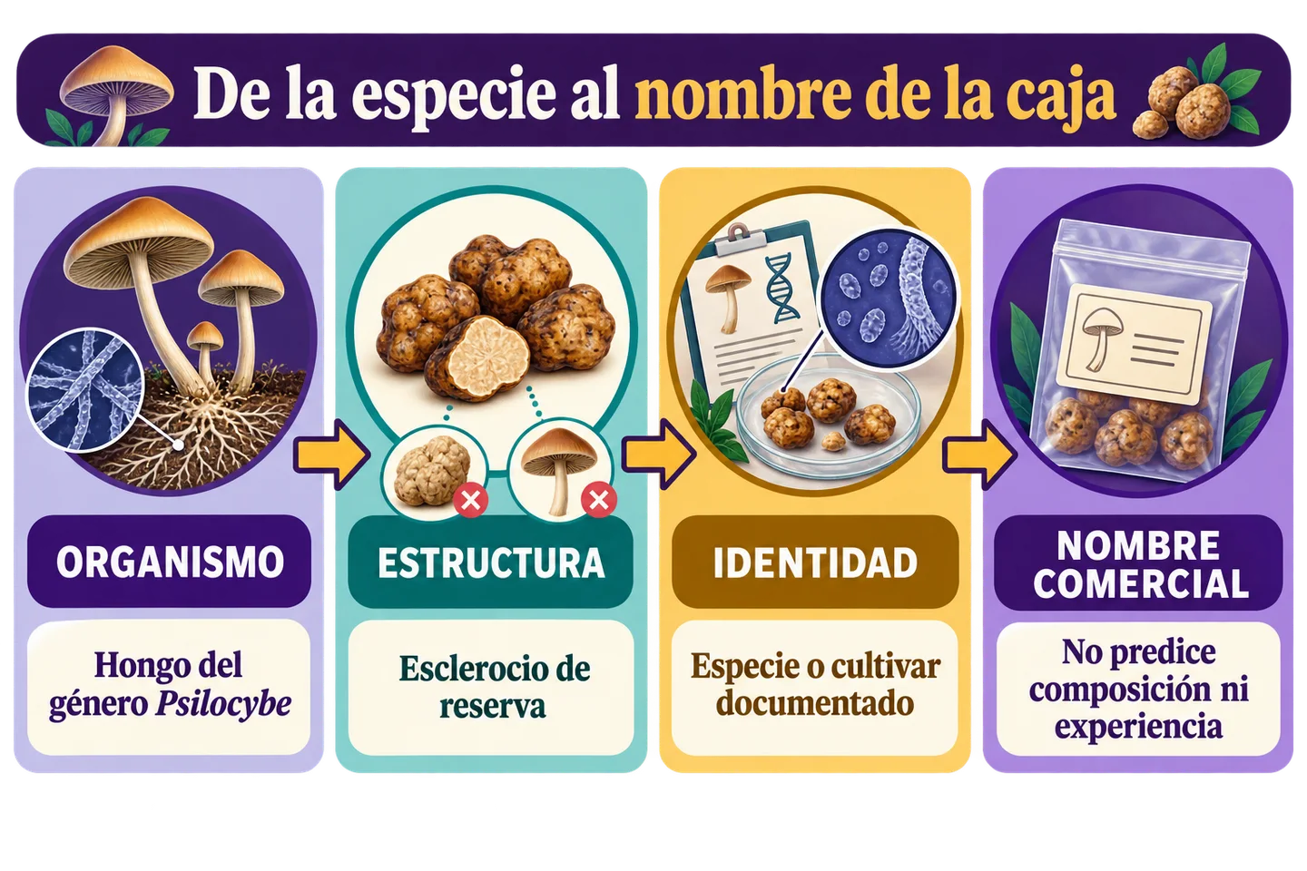 Infografía que relaciona el hongo Psilocybe, el esclerocio, la identidad documentada y el nombre comercial de las trufas. Infografía que relaciona el hongo Psilocybe, el esclerocio, la identidad documentada y el nombre comercial de las trufas.