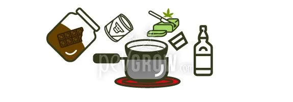 Ilustración de un cazo sobre una placa roja, rodeado de chocolate en un tarro inclinado, un bote, mantequilla, un vaso y una botella.
