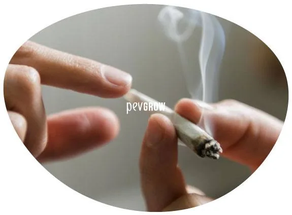 Primer plano de unas manos que sostienen un cigarrillo liado encendido, con ceniza en la punta y una columna de humo.