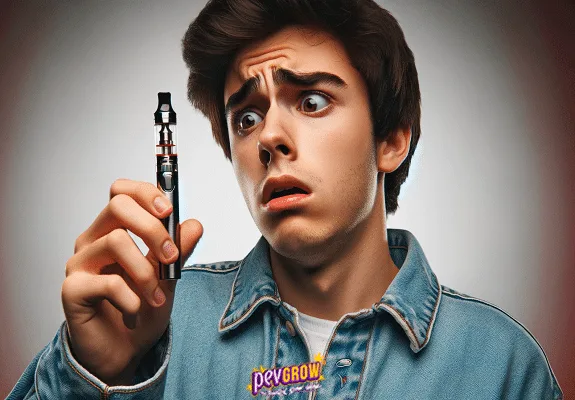 Joven con chaqueta vaquera sostiene un dispositivo de vapeo frente al rostro y lo mira con los ojos abiertos y el ceño fruncido. Joven con chaqueta vaquera sostiene un dispositivo de vapeo frente al rostro y lo mira con los ojos abiertos y el ceño fruncido.