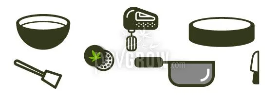 Ilustraciones de utensilios de cocina: cuenco, espátula, batidora, molde redondo, cazo, cuchillo y triturador con una hoja de cannabis.