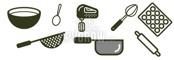 Ilustración de utensilios de cocina: cuenco, cuchara, batidora, varillas, bandeja con cavidades, colador, cazo y rodillo.
