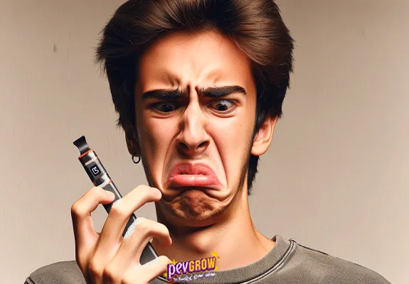 Joven con el ceño fruncido y una marcada mueca de desagrado mientras sostiene un vapeador junto al rostro. Joven con el ceño fruncido y una marcada mueca de desagrado mientras sostiene un vapeador junto al rostro.