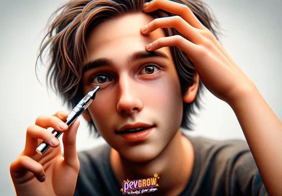 Joven con los ojos abiertos sostiene un vapeador cerca del rostro mientras se lleva la otra mano a la frente. Joven con los ojos abiertos sostiene un vapeador cerca del rostro mientras se lleva la otra mano a la frente.