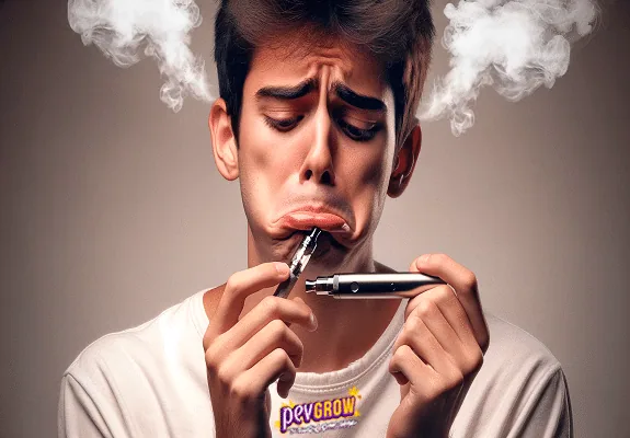 Joven con gesto de disgusto sostiene dos piezas de un vaporizador cerca de la boca, con nubes blancas a ambos lados de la cabeza. Joven con gesto de disgusto sostiene dos piezas de un vaporizador cerca de la boca, con nubes blancas a ambos lados de la cabeza.