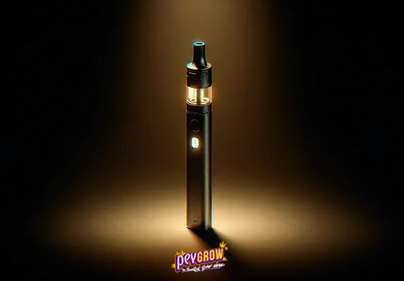 Vaporizador negro en posición vertical, con depósito transparente y luz encendida, iluminado sobre un fondo oscuro. Vaporizador negro en posición vertical, con depósito transparente y luz encendida, iluminado sobre un fondo oscuro.