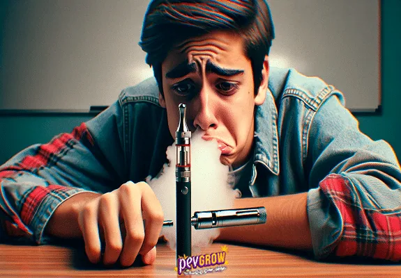 Joven con expresión triste apoyado en una mesa, frente a un vaporizador vertical y otra pieza horizontal, entre una nube blanca. Joven con expresión triste apoyado en una mesa, frente a un vaporizador vertical y otra pieza horizontal, entre una nube blanca.