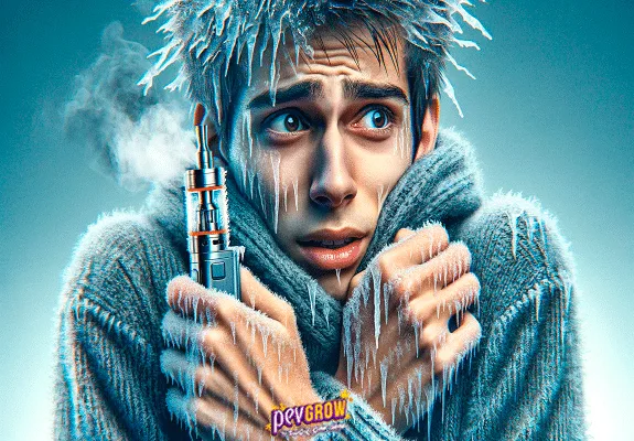 Ilustración de un joven encogido dentro de un jersey, con hielo en el pelo y las manos, mientras sostiene un vapeador. Ilustración de un joven encogido dentro de un jersey, con hielo en el pelo y las manos, mientras sostiene un vapeador.