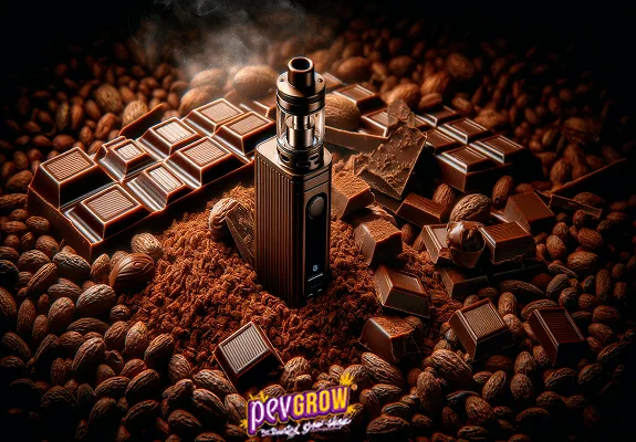 Vapeador oscuro de pie entre tabletas y trozos de chocolate, cacao en polvo y granos, con una nube tenue en la parte superior.