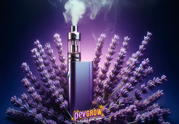 Vapeador violeta rodeado de espigas de lavanda, con una nube blanca sobre la boquilla y fondo oscuro iluminado en morado.