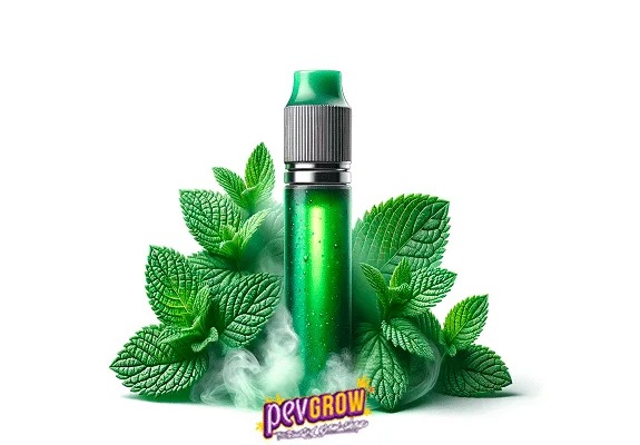 Vapeador cilíndrico verde con boquilla a juego, rodeado de hojas de menta y una nube blanca en la base sobre fondo blanco.