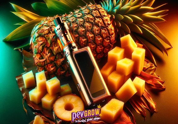 Vapeador dorado en diagonal ante una piña entera, rodeado de dados y una rodaja de piña, con iluminación verde y anaranjada.