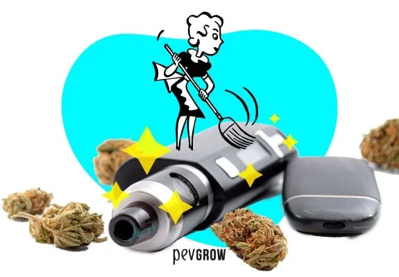 Montaje de dos vaporizadores entre cogollos, con destellos amarillos y un personaje dibujado que limpia con un cepillo.