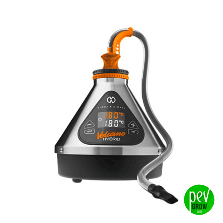 Vaporizador Volcano Hybrid de cuerpo cónico plateado, base negra, pantalla digital y tubo flexible conectado a la parte superior. Vaporizador Volcano Hybrid de cuerpo cónico plateado, base negra, pantalla digital y tubo flexible conectado a la parte superior.
