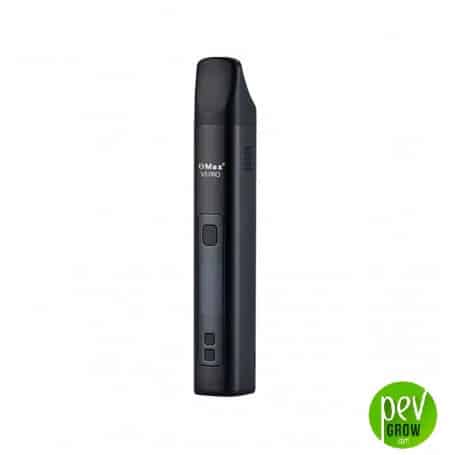 Vaporizador portátil negro y alargado, con boquilla superior inclinada, pantalla y botones frontales sobre fondo blanco. Vaporizador portátil negro y alargado, con boquilla superior inclinada, pantalla y botones frontales sobre fondo blanco.