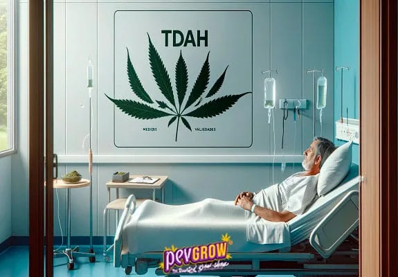Escena de una persona recostada en una cama hospitalaria, con bolsas de suero y un cartel con una hoja de cannabis y «TDAH». Escena de una persona recostada en una cama hospitalaria, con bolsas de suero y un cartel con una hoja de cannabis y «TDAH».