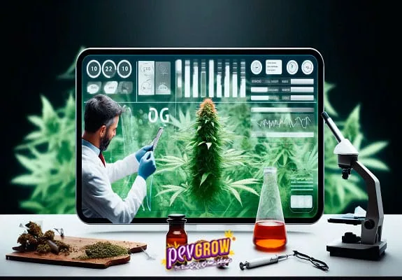 Montaje de laboratorio con cannabis en una pantalla, una persona con bata, un microscopio y recipientes con líquidos sobre la mesa.