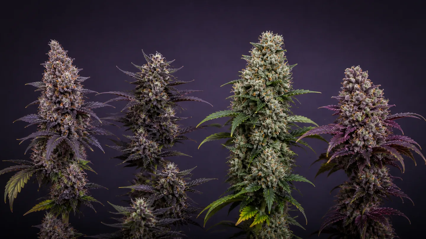 Comparativa visual de cuatro flores de cannabis con distintos tonos verdes y púrpuras sobre un fondo oscuro.