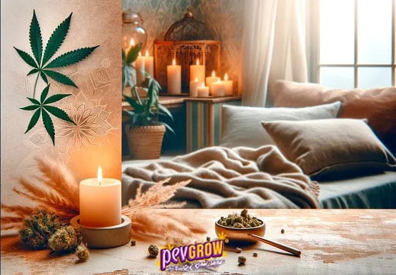 Mesa con cogollos de cannabis, una vela encendida y un cuenco junto a un sofá con manta y cojines; al fondo hay más velas. Mesa con cogollos de cannabis, una vela encendida y un cuenco junto a un sofá con manta y cojines; al fondo hay más velas.