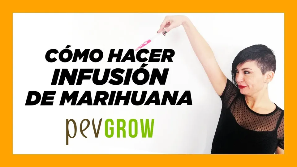 Portada con el texto «Cómo hacer infusión de marihuana», el logotipo Pevgrow y una mujer con un brazo levantado, enmarcada en naranja. Portada con el texto «Cómo hacer infusión de marihuana», el logotipo Pevgrow y una mujer con un brazo levantado, enmarcada en naranja.