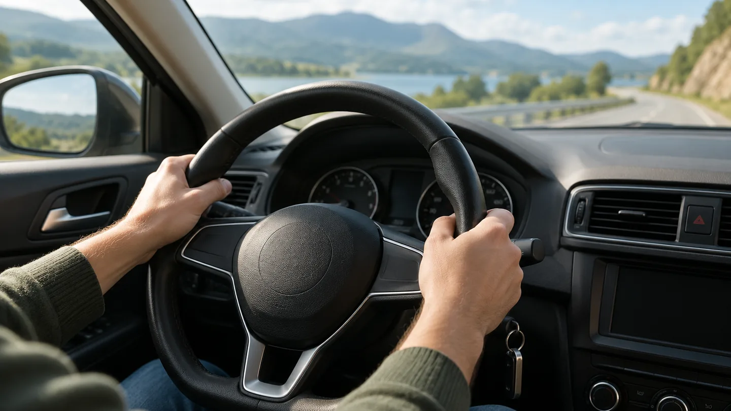 Manos sobre el volante de un coche visto desde el asiento del copiloto, con una carretera junto a un lago al fondo