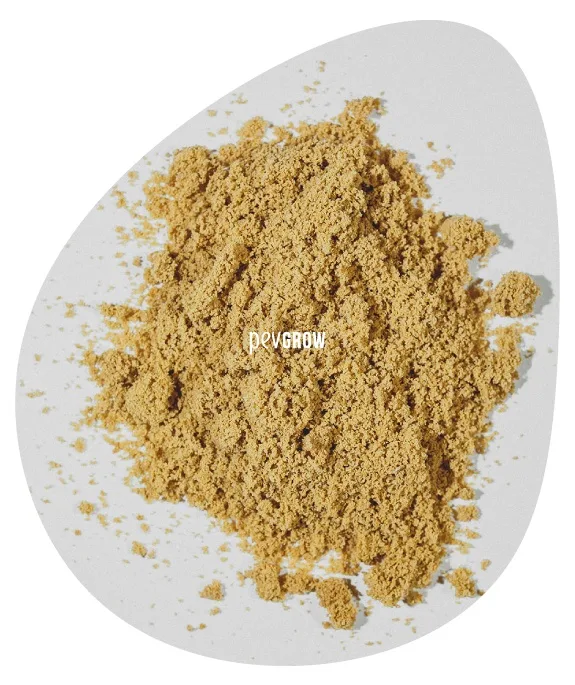Montón de material granulado de tono dorado sobre una superficie blanca, con pequeños grumos y partículas esparcidas alrededor.