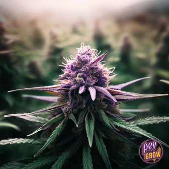 Primer plano de un cogollo de cannabis morado con hojas alargadas verdes y violetas, sobre un fondo de plantas desenfocado. Primer plano de un cogollo de cannabis morado con hojas alargadas verdes y violetas, sobre un fondo de plantas desenfocado.