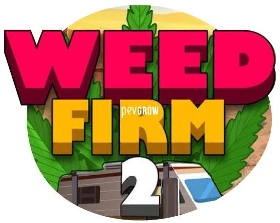 Emblema de Weed Firm 2 con grandes letras rosas y amarillas sobre hojas de cannabis y una autocaravana.