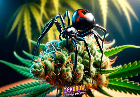 Ilustración de una araña negra de patas largas y marca roja sobre un cogollo de cannabis, con hojas alrededor y el logotipo Pevgrow al pie. Ilustración de una araña negra de patas largas y marca roja sobre un cogollo de cannabis, con hojas alrededor y el logotipo Pevgrow al pie.