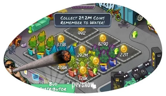 Captura de Wiz Khalifa’s Weed Farm con parcelas de cannabis, monedas, cifras de producción y un porro superpuesto.