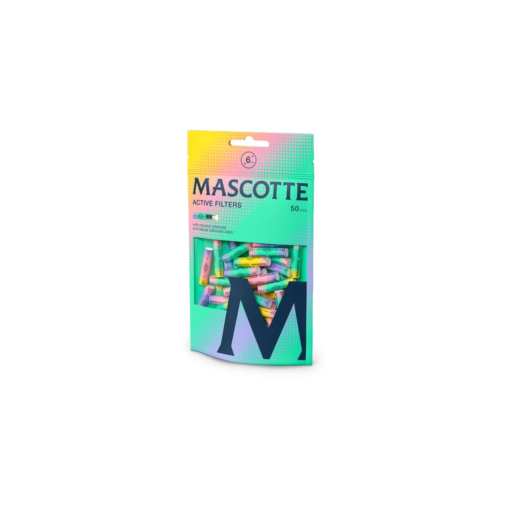 Bolsa multicolor de filtros Mascotte Active Filters, con ventana que muestra filtros de varios colores y etiqueta de 50 unidades.