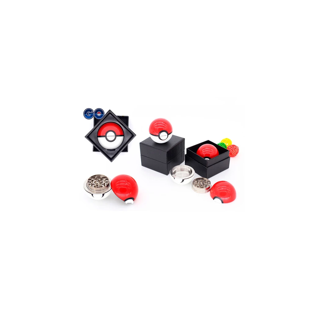 Grinders con forma de pokébola roja y blanca, abiertos y cerrados, con dientes metálicos visibles y cajas negras.